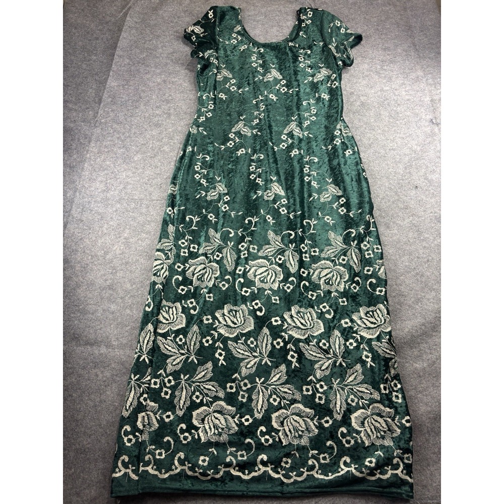 VTG C.W. Rose Dress Women 12 Painted Floral Velvet Maxi Dress Green Fairy Whimsy